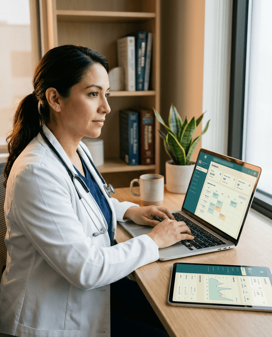 A nurse practitioner reviewing the EMR appointments dashboard on a tablet in a modern clinic exam room