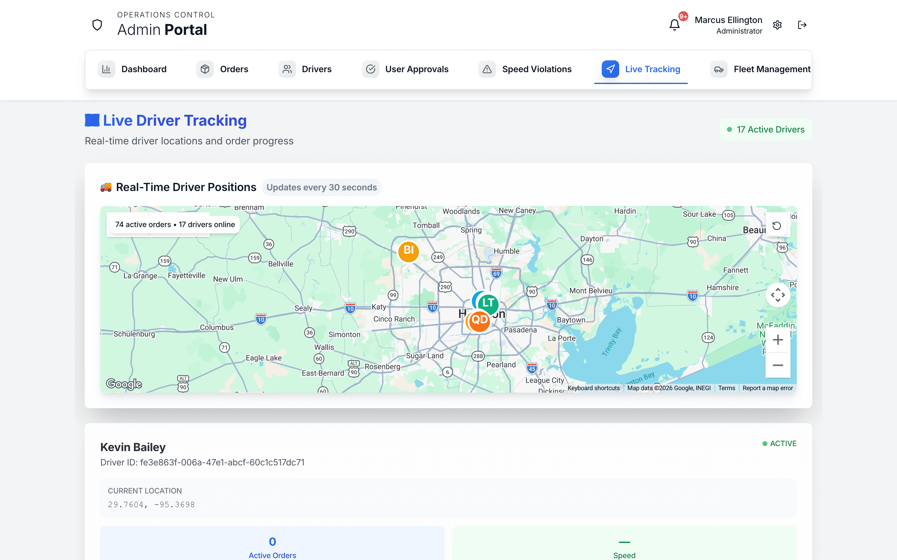 Copergrine courier admin live dispatch map with real driver positions across Houston