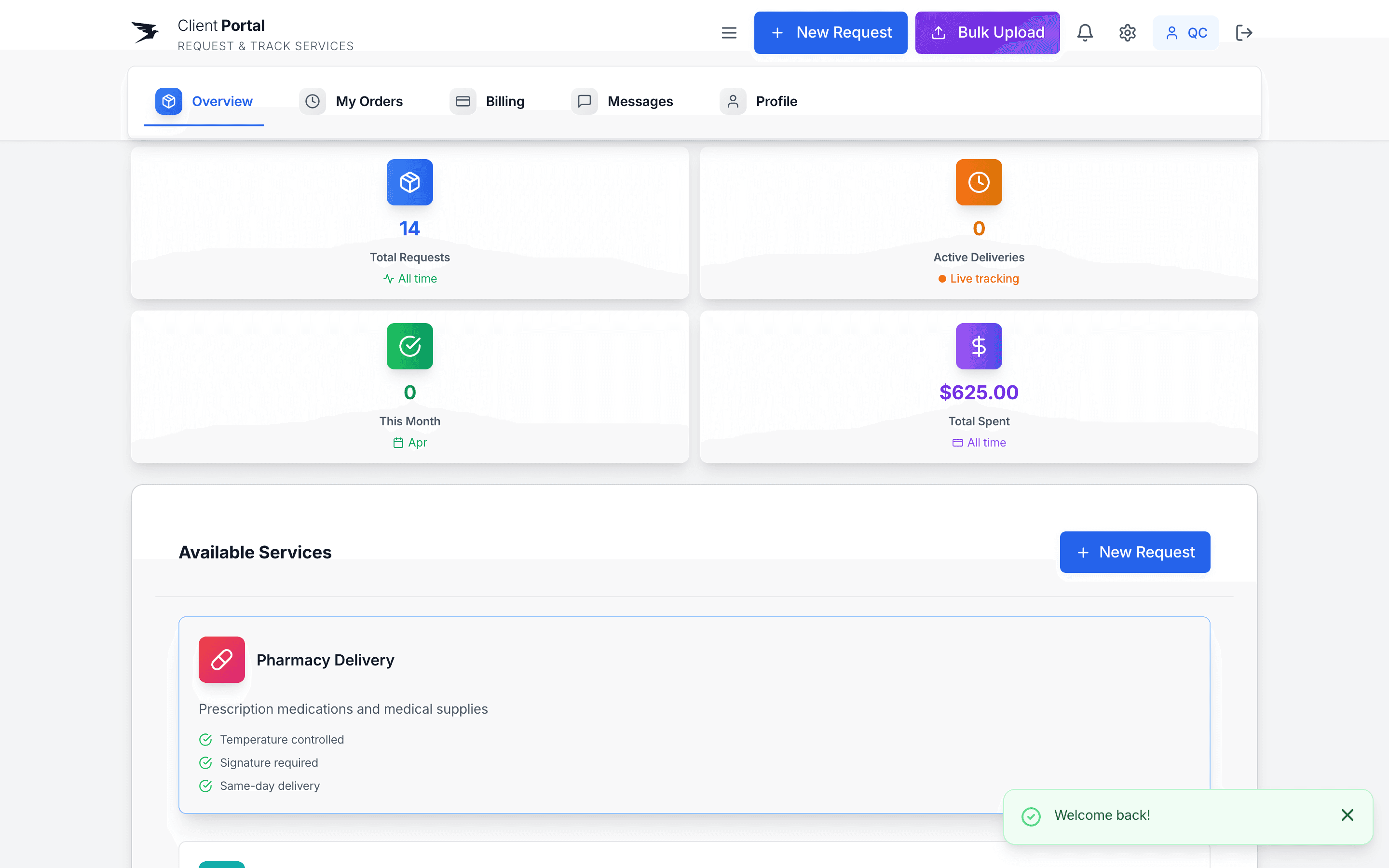 Copergrine courier client portal dashboard with request count, live tracking, billing, and available services