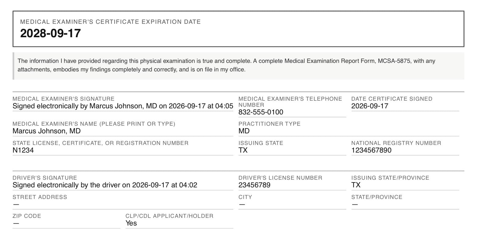 The lower half of a signed Medical Examiner's Certificate, form MCSA-5876, issued from the chart — the certificate expiration date, the examiner's electronic signature, name, state licence, issuing state and National Registry number, and the driver's electronic signature and licence