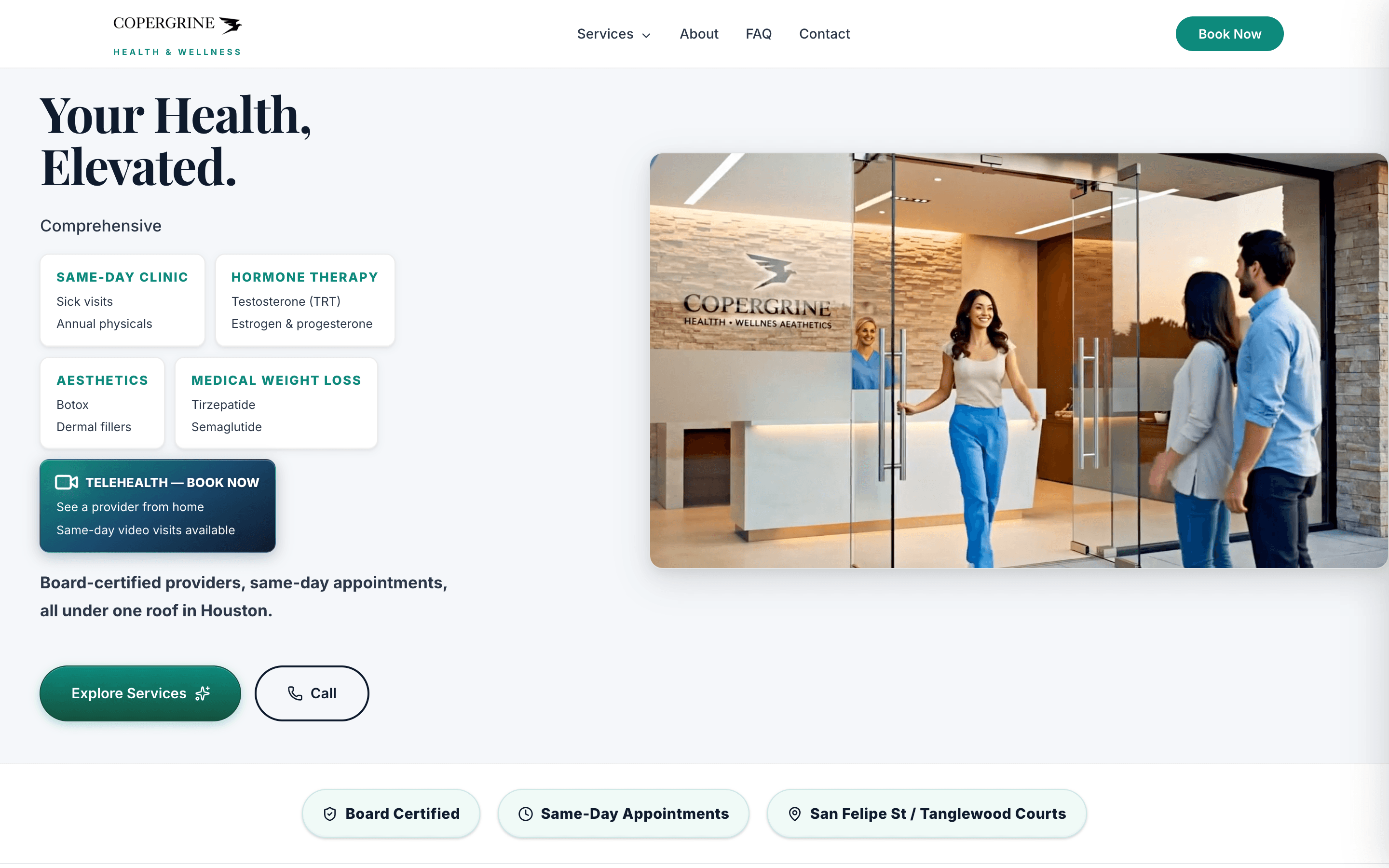 Copergrine Health and Wellness patient booking page showing service categories and appointment slots