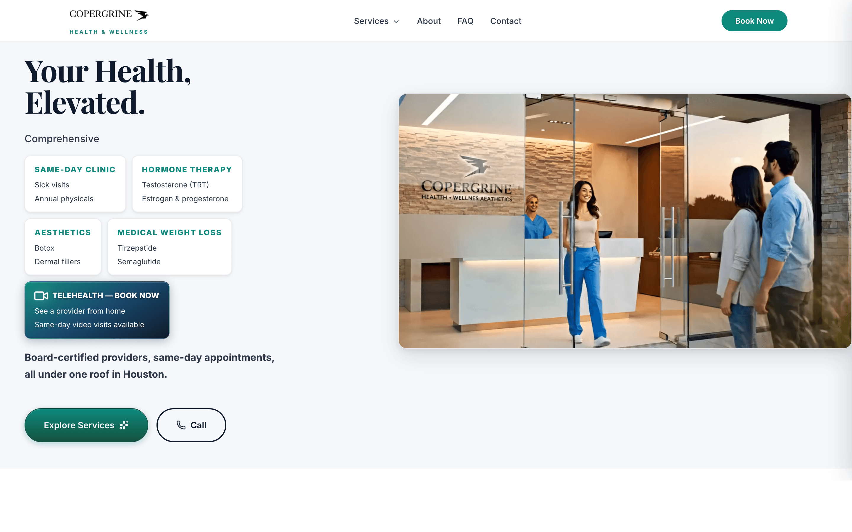 Copergrine telehealth booking page showing virtual visit options