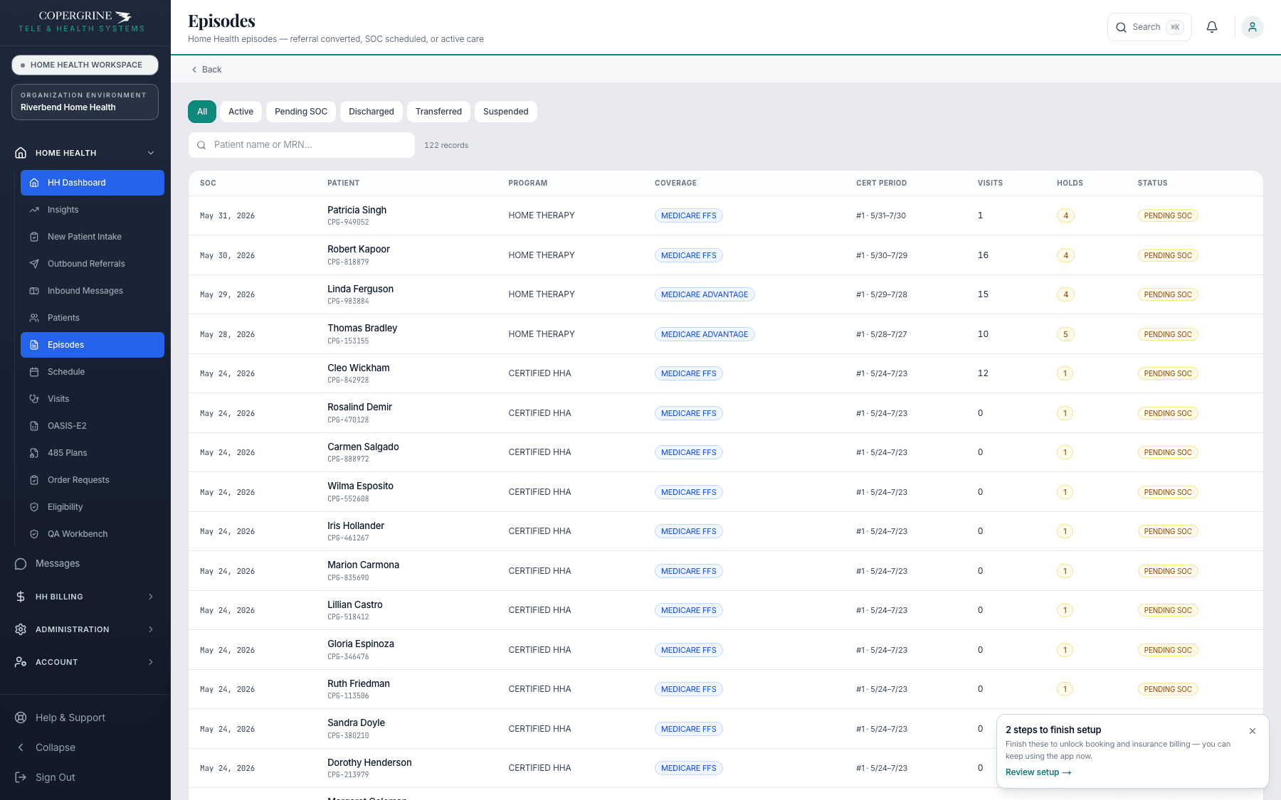 Copergrine home health episode register — every episode with its start-of-care date, program, payer coverage (Medicare FFS or Medicare Advantage), certification period, visit count, open holds, and status