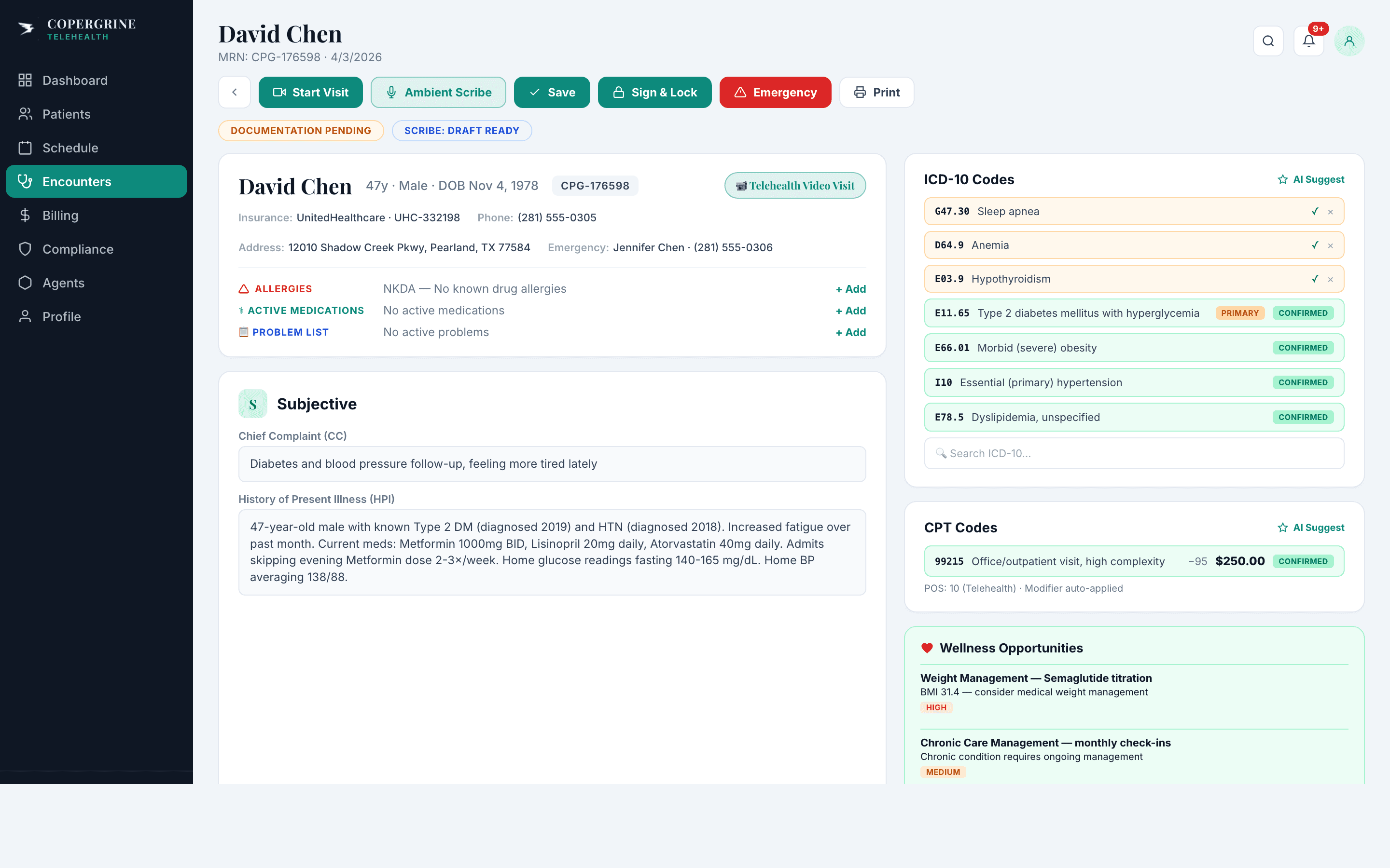 David Chen encounter detail with ambient scribe draft, AI-suggested ICD-10 codes, CPT 99215 with $250, and wellness opportunities