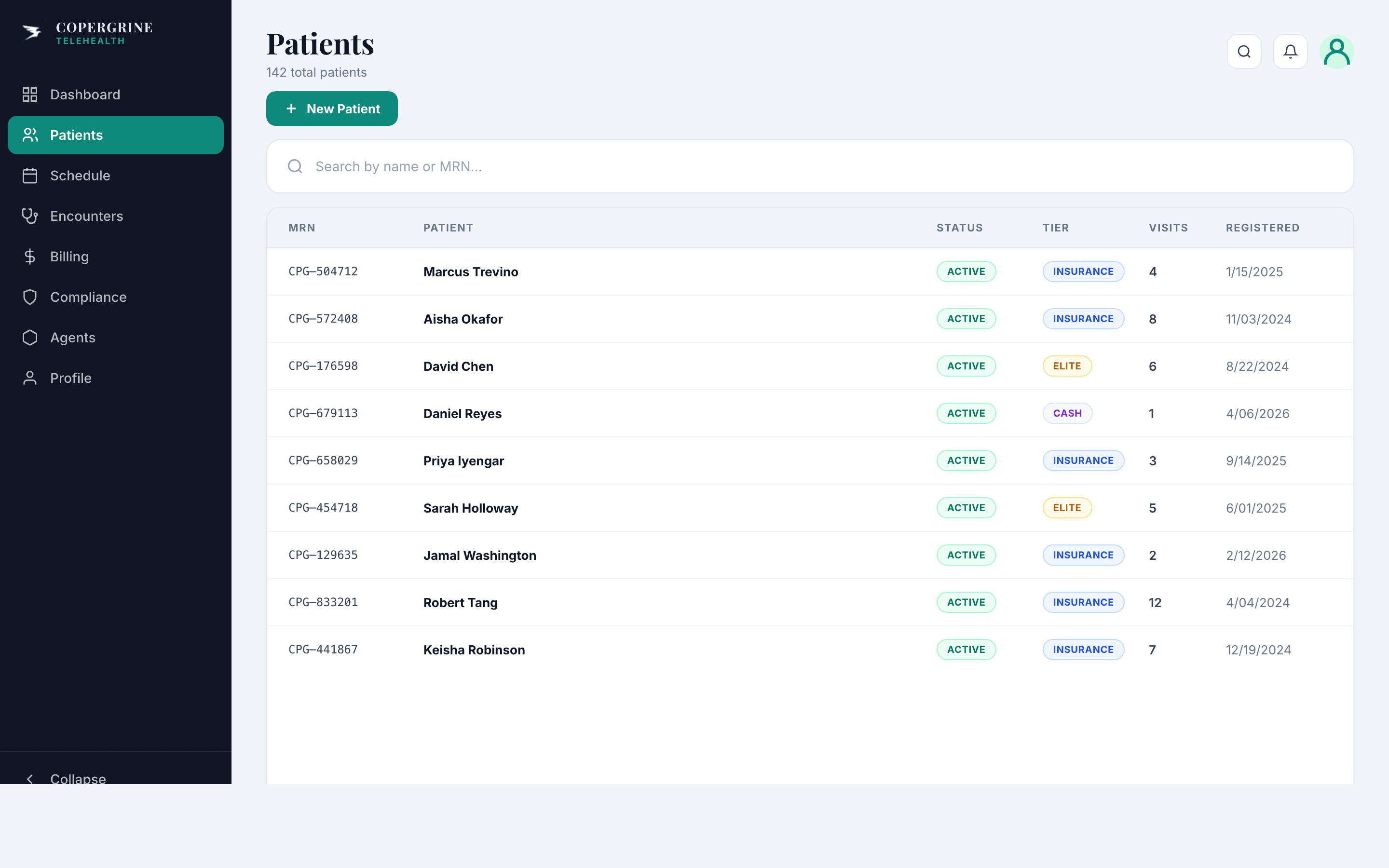 Patient roster with MRN, status, tier, visit count and registration date columns