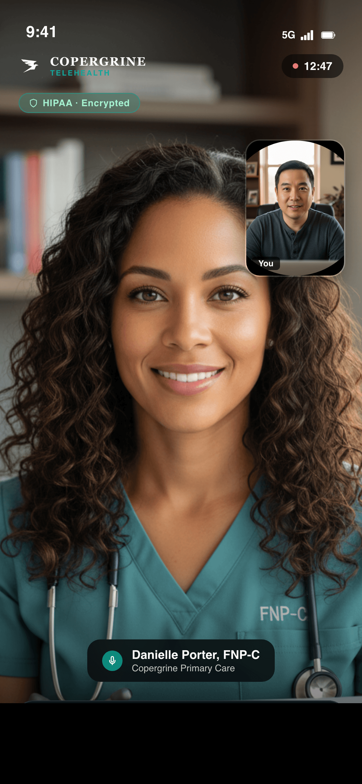 Patient view of a Copergrine telehealth video visit on mobile phone