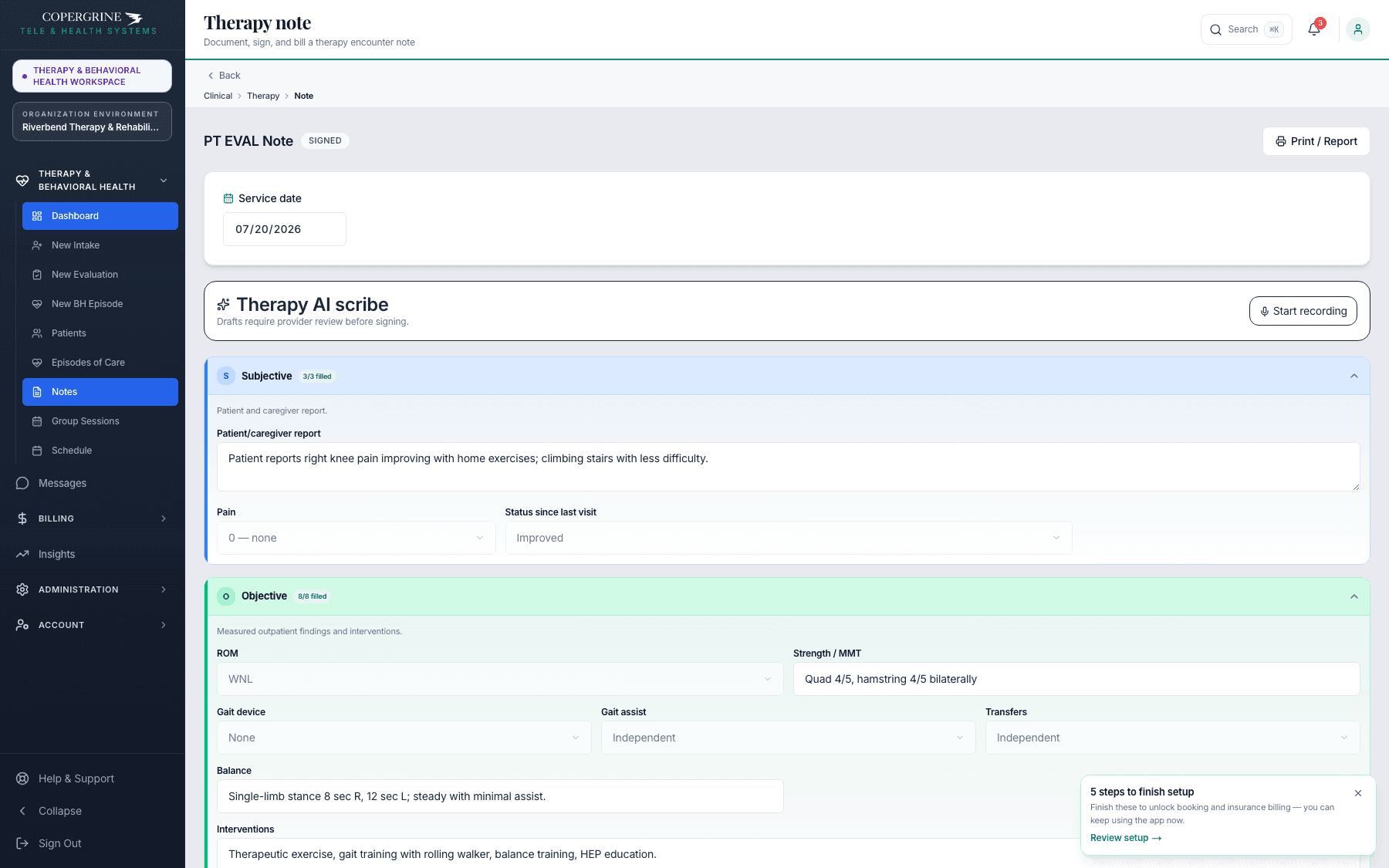 Copergrine therapy note — a signed PT evaluation showing the Therapy AI scribe, a completed Subjective section with patient-reported status and pain score, and an Objective section with ROM, strength/MMT, gait device, gait assist, transfers, balance and interventions