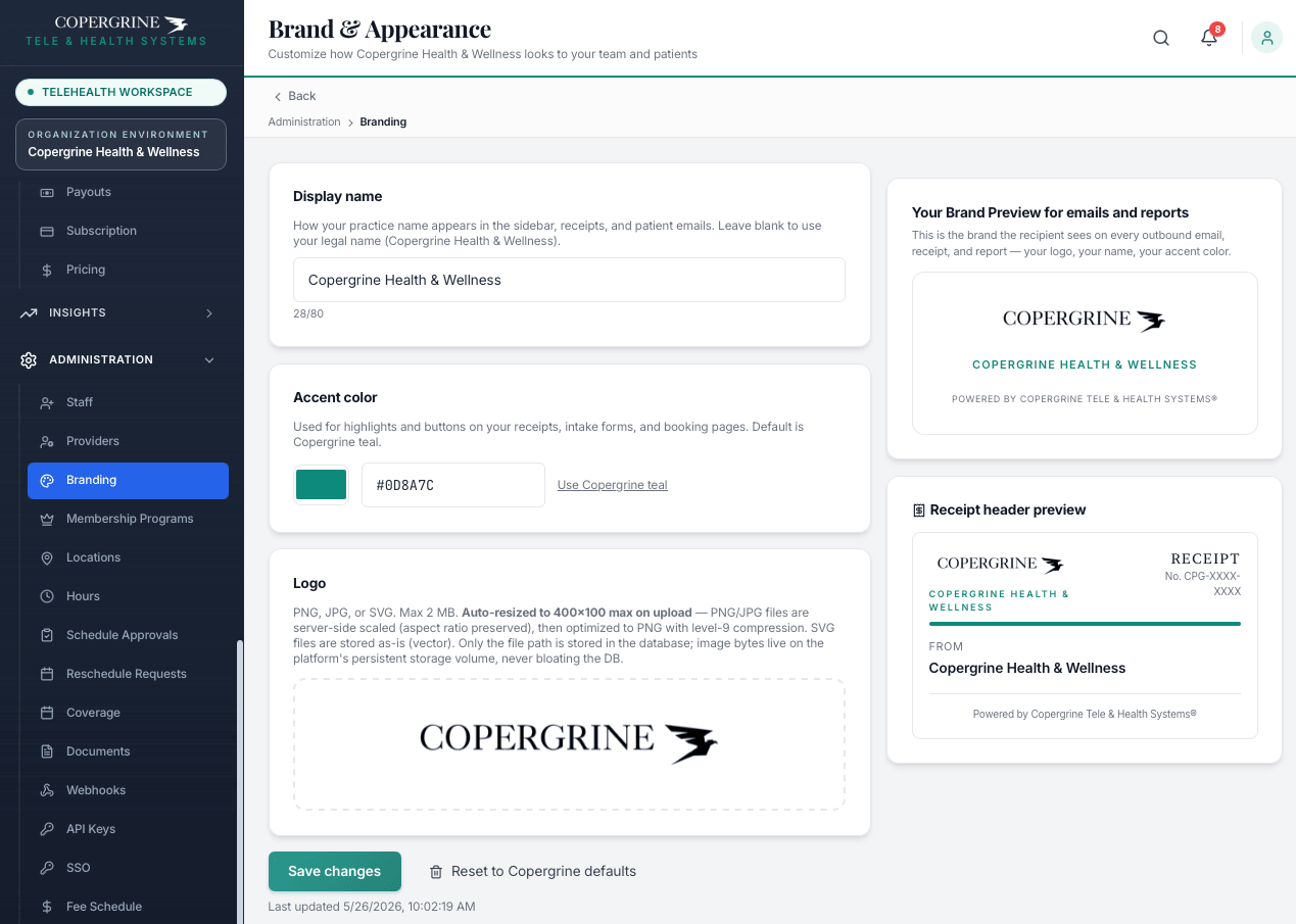 White-label branding — your practice display name, accent color, and logo applied to patient emails, receipts, statements, and portal