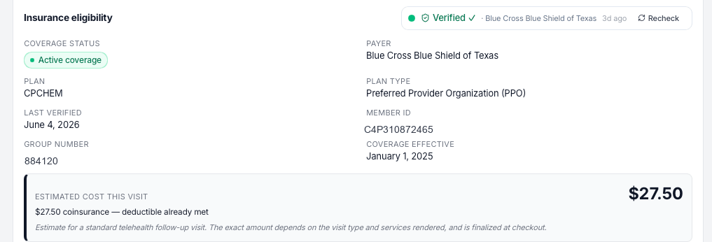 Real-time insurance eligibility check — verified active coverage with Blue Cross Blue Shield of Texas, member ID, group, and the patient's estimated cost