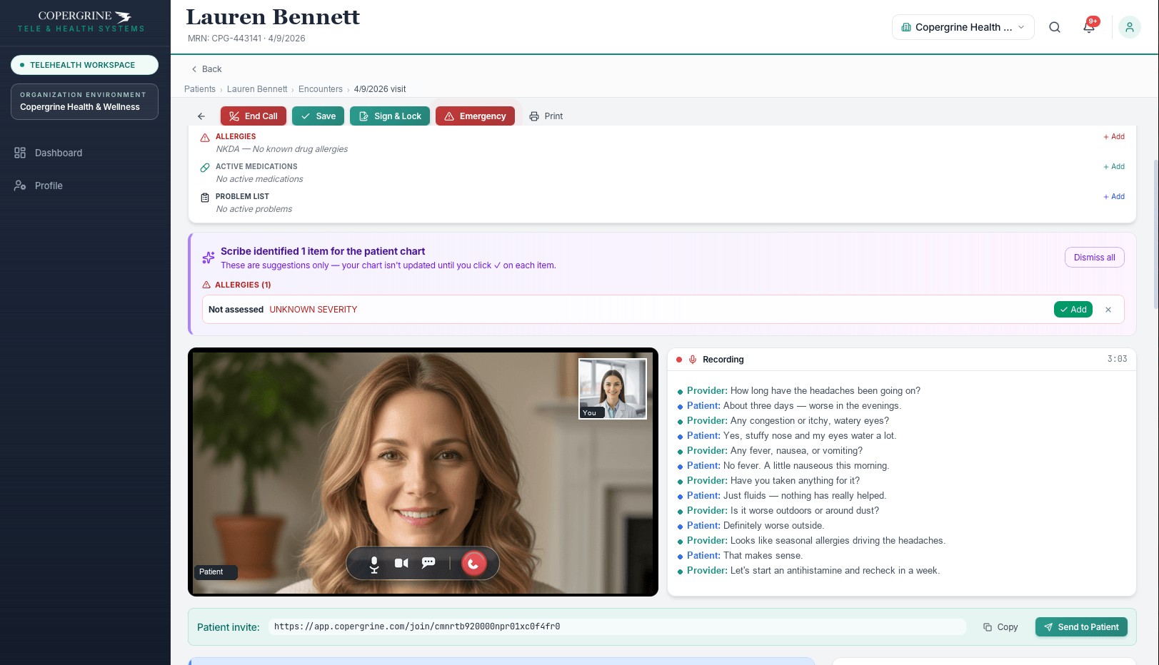 Telehealth video visit with the ambient AI scribe transcribing the provider and patient conversation in real time and suggesting chart items