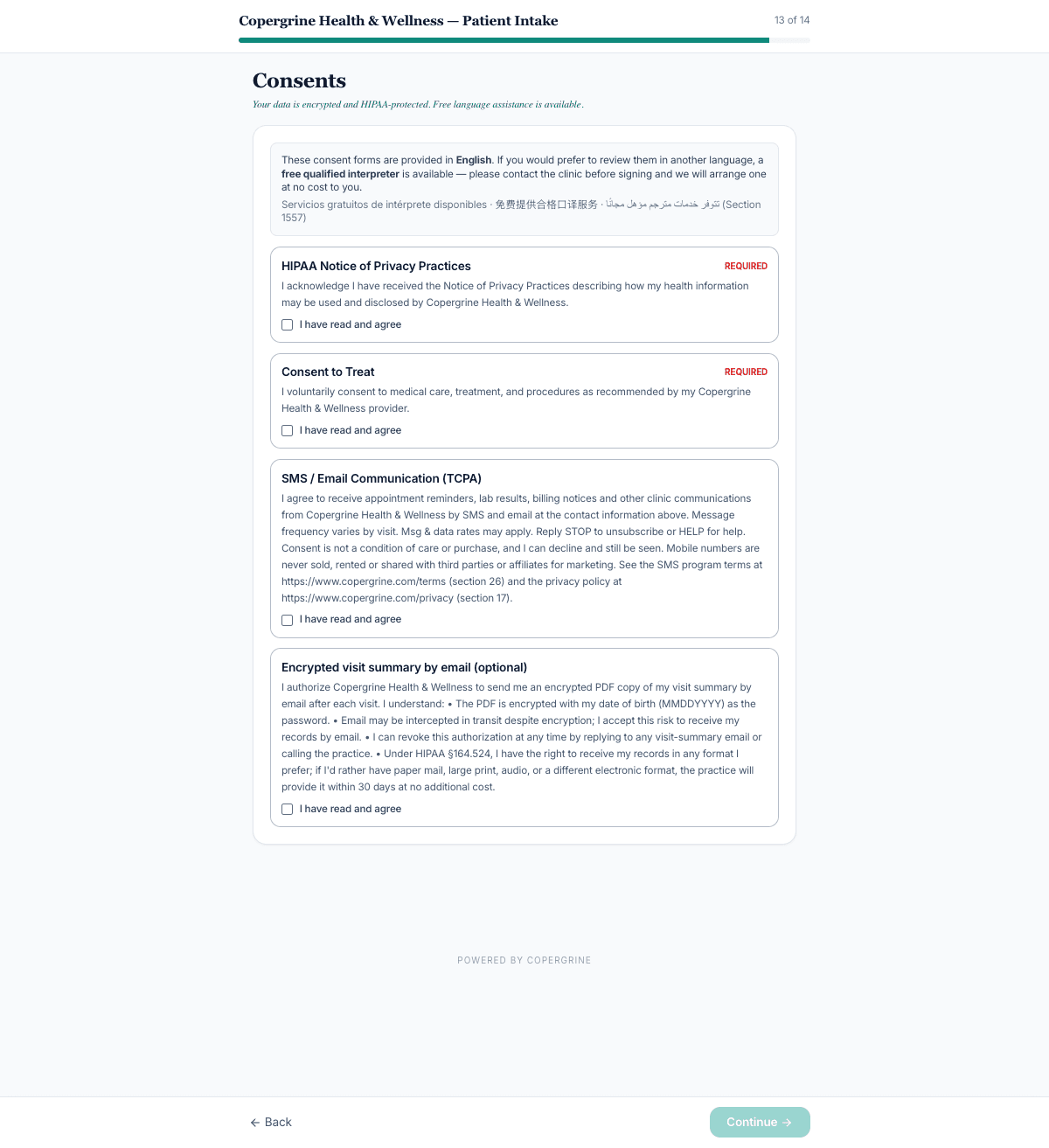 Screenshot of the Consents step of the live Copergrine Health and Wellness patient intake form, showing the SMS / Email Communication (TCPA) consent checkbox unchecked by default and marked optional, with the full disclosure wording displayed beside it.